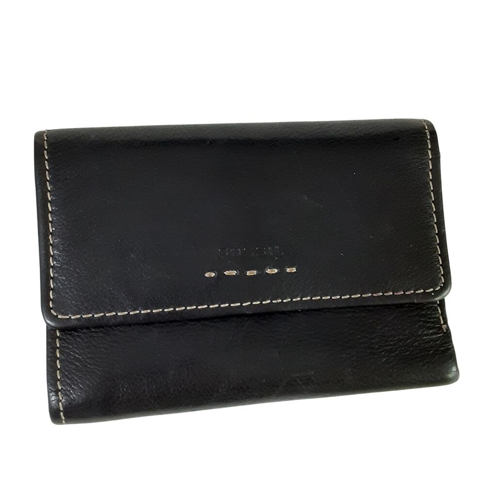 Fossil Trifold Wallet Black Genuine Leather Fold Over Travel Wallet Card Case